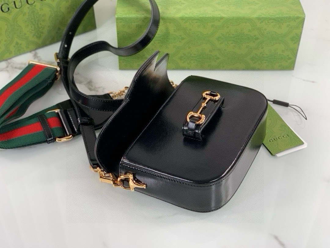 Gucci Horsebit 1955 Series Saddle Bag Mini Handbag Black Leather